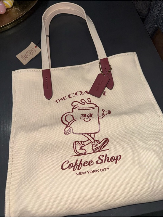 Coach Handbags - Coach Cream Canvas Tote with Burgundy Accents